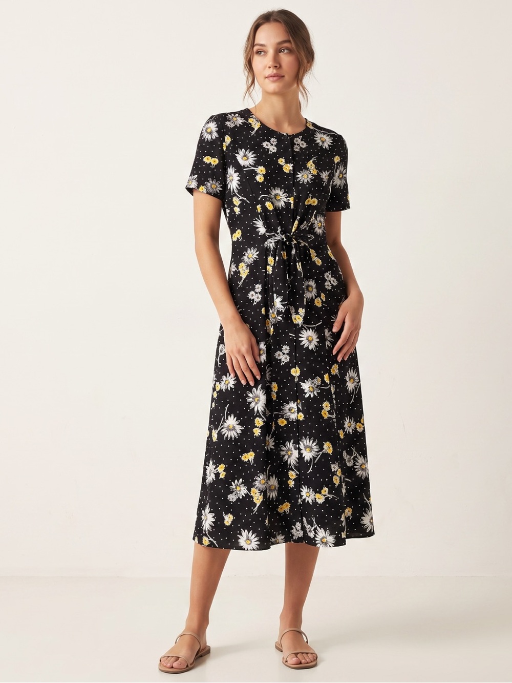 Vintage Alfred Dunner Midi Dress Sz 10 Black White Daisy Floral Polka Dot Boho
